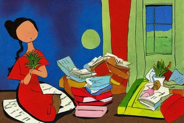 Somber illustration of a young girl sitting alone in a dimly lit room with sparse furniture, surrounded by scattered books and papers, symbolizing the hidden struggles of child brides in Yemen.