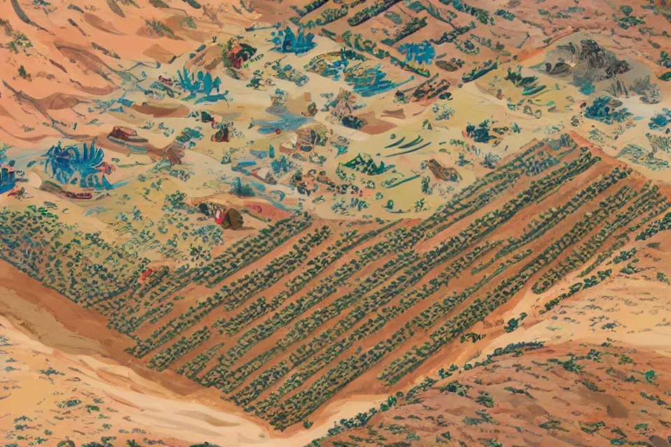 Desert terrain with military installations and aircraft in the distance