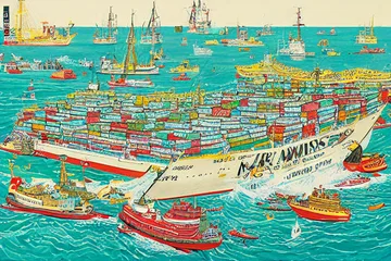 Aerial view of a busy strait with ships moving in calm waters under clear skies, symbolizing restored maritime trade.