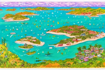 Strategic coastal region with four islands and a narrow waterway