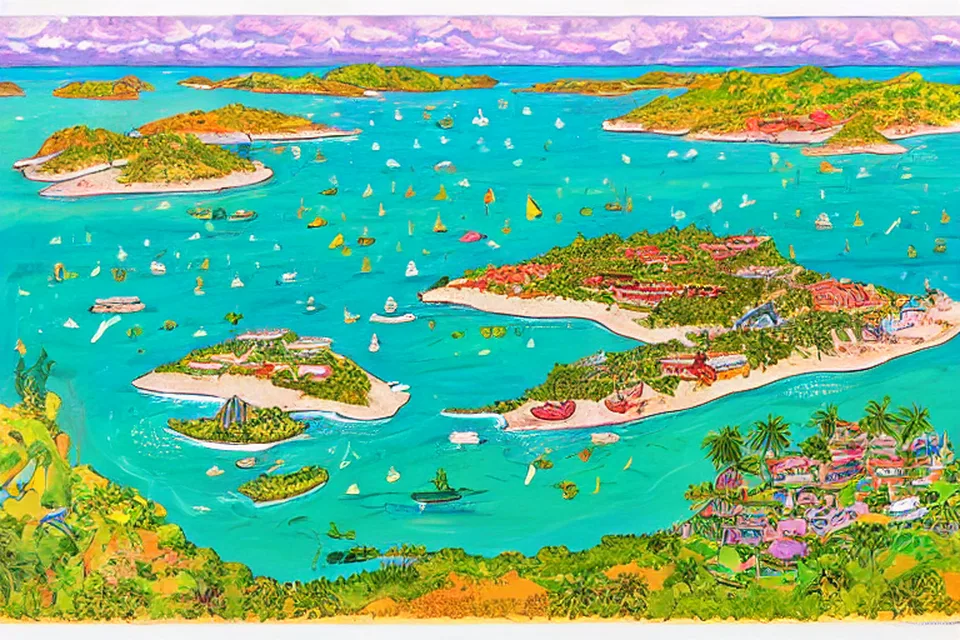 Strategic coastal region with four islands and a narrow waterway