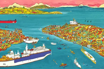 An aerial view of a narrow strait at sunset with large cargo ships navigating through calm waters, surrounded by distant coastal hills and industrial structures on the horizon.