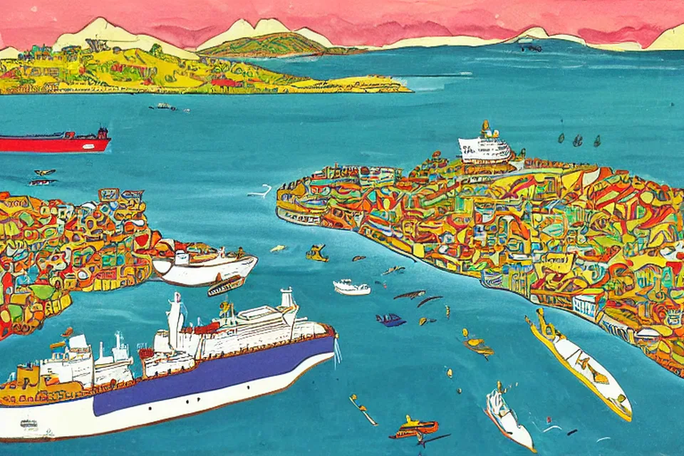 An aerial view of a narrow strait at sunset with large cargo ships navigating through calm waters, surrounded by distant coastal hills and industrial structures on the horizon.