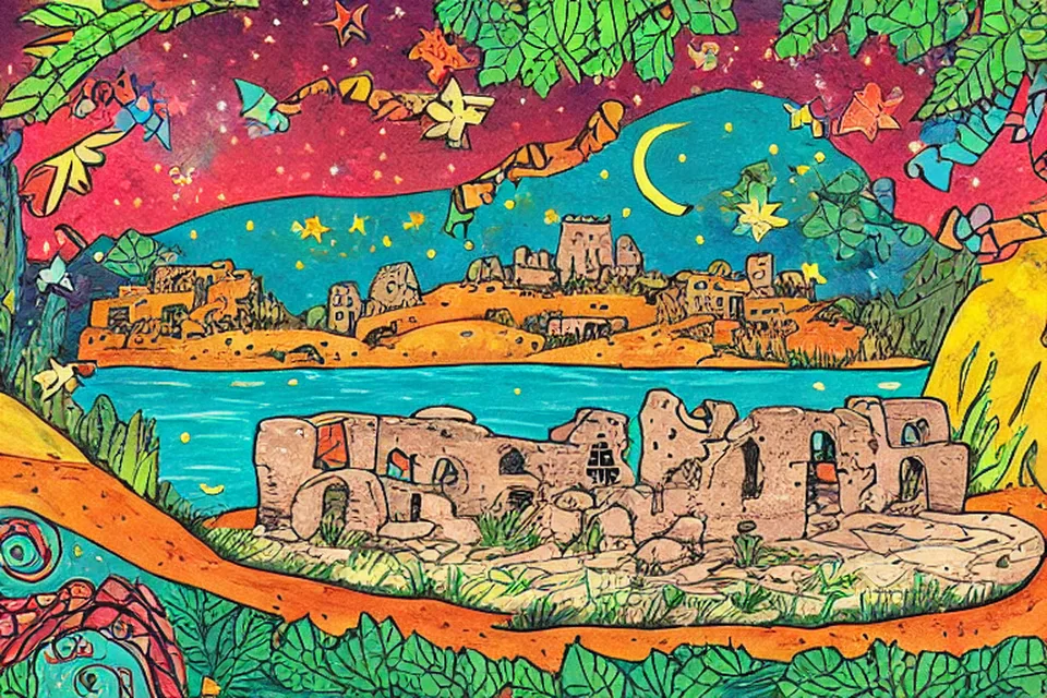 A night scene showing ancient stone ruins under a clear starry sky, with silhouettes of people exploring the site.