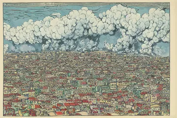 Smoke rising from a densely populated urban area under an overcast sky