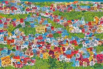 Aerial view of a densely populated urban area with visible signs of conflict damage and displaced people seeking shelter in makeshift structures under an overcast sky.