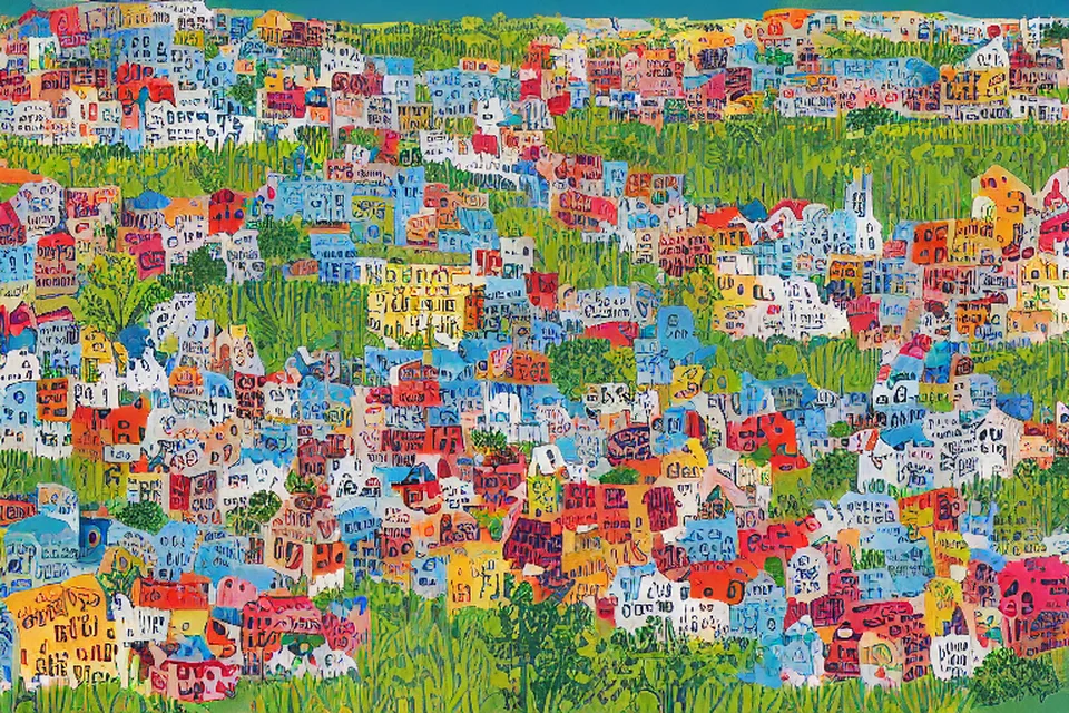 Aerial view of a densely populated urban area with visible signs of conflict damage and displaced people seeking shelter in makeshift structures under an overcast sky.