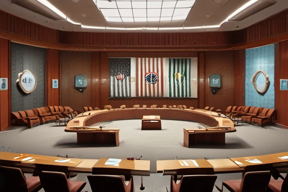Representatives of an international body discussing serious matters at a conference table.