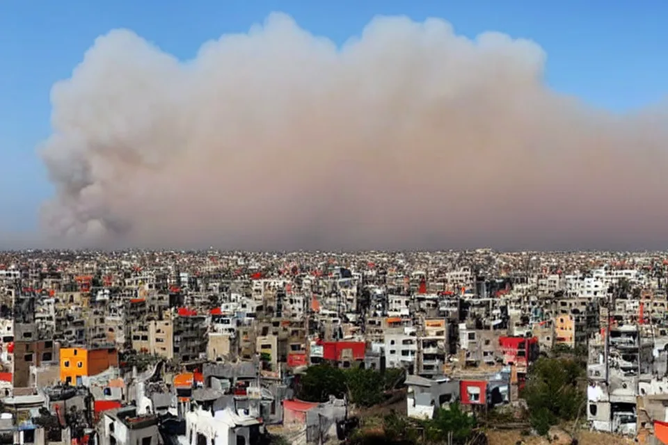 رسم تحريري لمبانٍ متقاربة في شمال غزة مع دخان بعيد في الأفق.