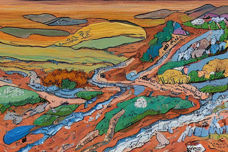 An aerial perspective showing a riverbank with visible signs of recent conflict near a waterway in an arid landscape.