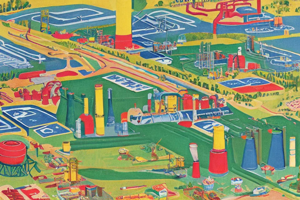 An aerial view of an industrial oil refinery complex under clear skies, with smokestacks and storage tanks visible in the distance, representing energy infrastructure.
