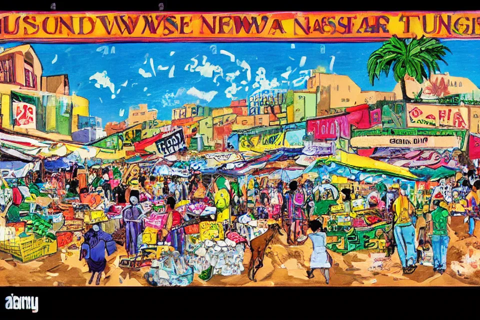A chaotic street market scene in a tropical city with blurred figures and stacked goods, symbolizing economic stagnation and digital payment system failure.