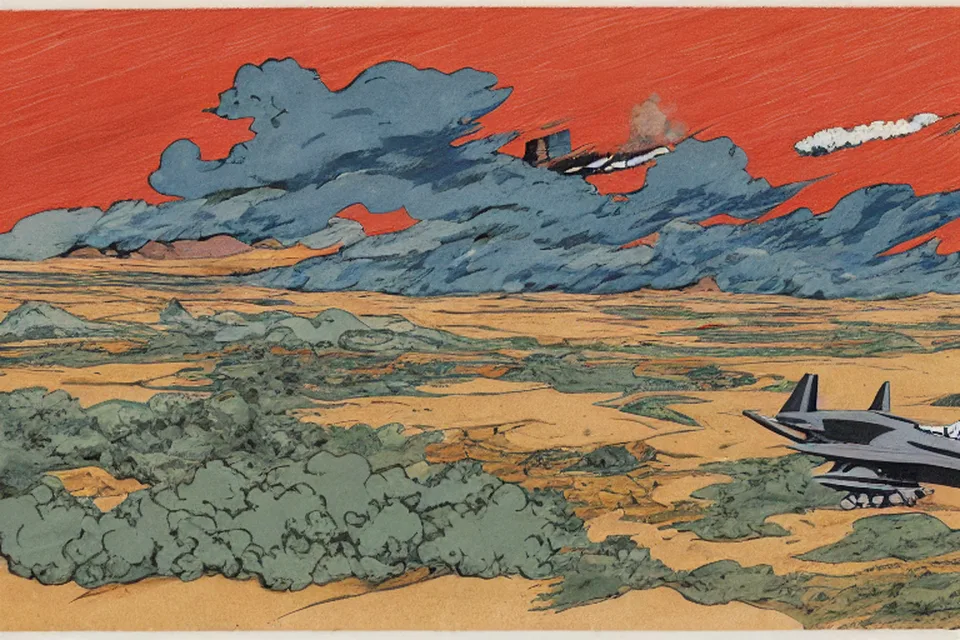 Desert terrain with distant military planes and ground smoke.