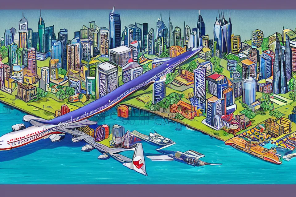 Modern financial district with symbolic connection between China and India, and Dubai airport with flight to Berlin.