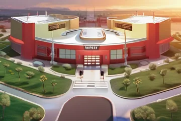 Modern military hospital complex in a desert city at dusk
