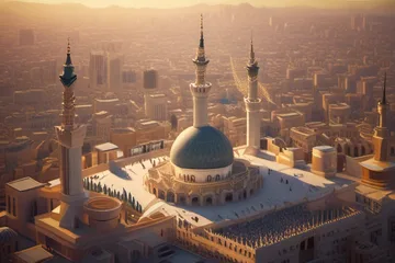 An aerial shot showing a large electrical transformer box situated near the dome and minaret of a significant mosque in a bustling city center, with early morning light illuminating the scene.