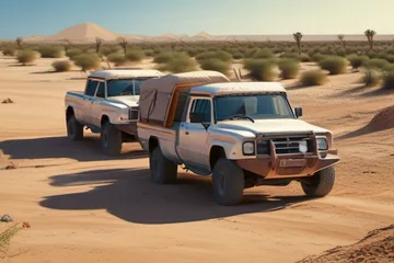 Two damaged trucks lying on the ground in a desert landscape.