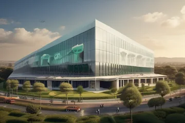 Modern building complex under bright sunlight