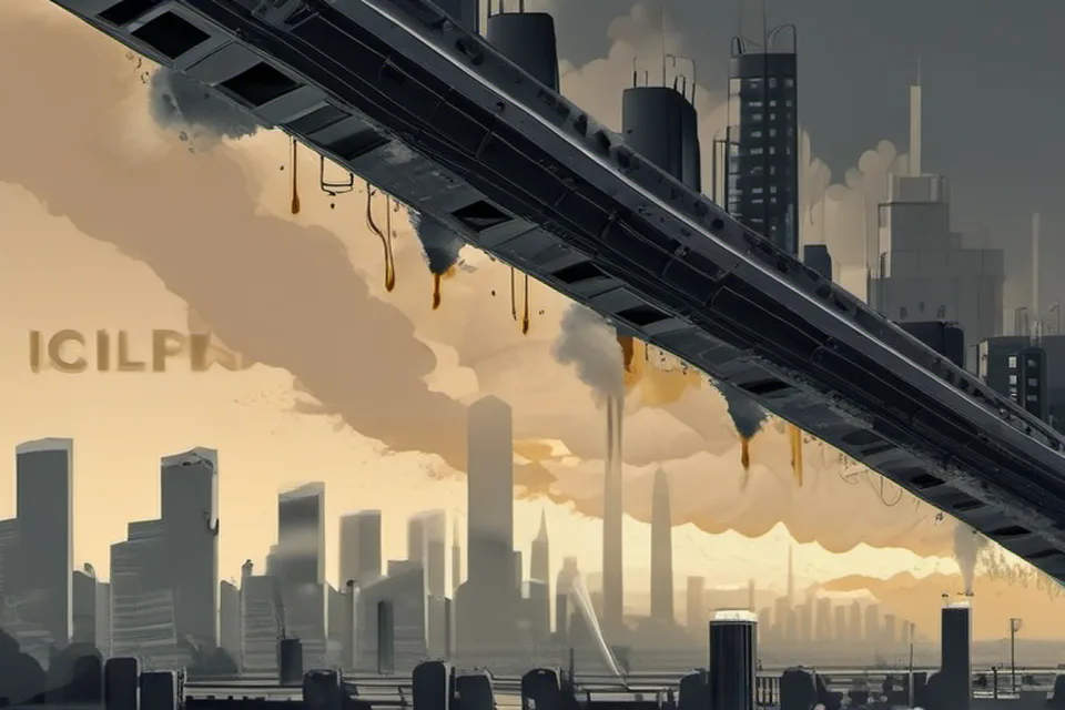 Smoke rising from industrial structures in an overcast sky representing conflict impact.