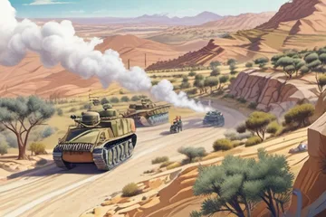 Military vehicles and smoke in a conflict zone