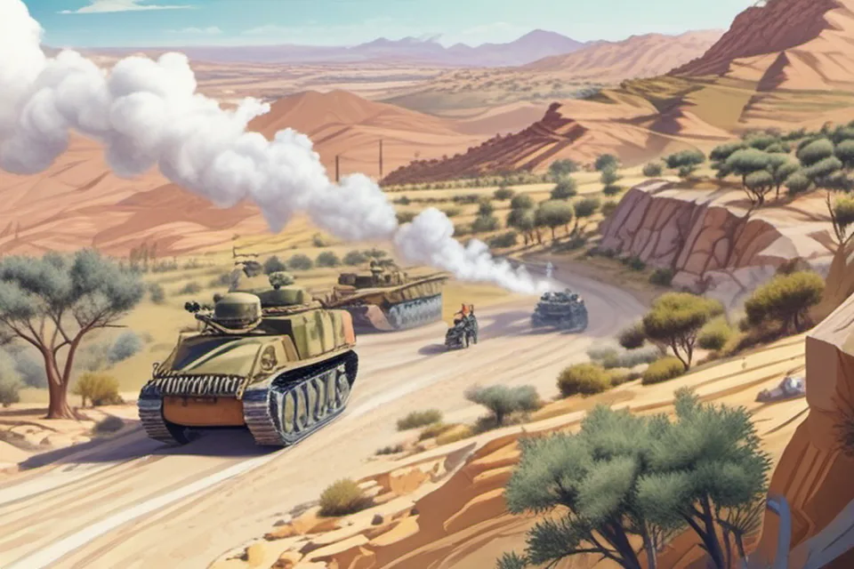 Military vehicles and smoke in a conflict zone