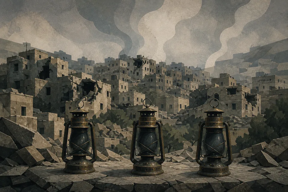 رسم تحريري رمزي لمدينة متضررة وثلاثة مصابيح مطفأة ترمز إلى ضحايا غارة جنين